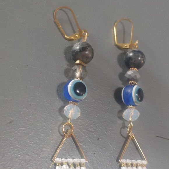 Handmade Tassle Dangle Earrings Evil Eye Fringe - Picture 4 of 5